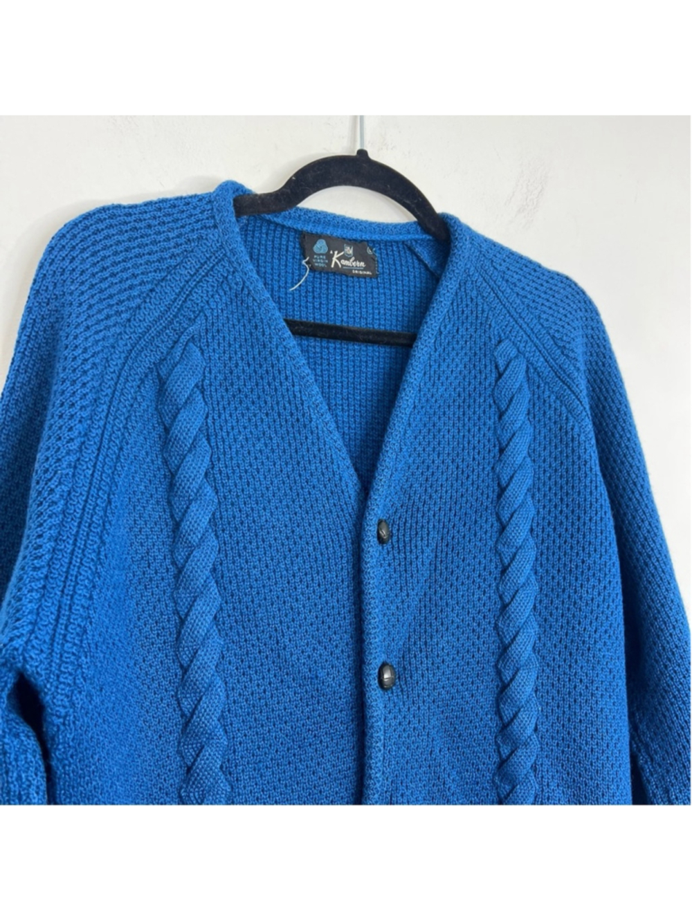 Vintage 50s 60s pure wool cobalt blue cable knit grandpa cardigan sweater L - Picture 4 of 13